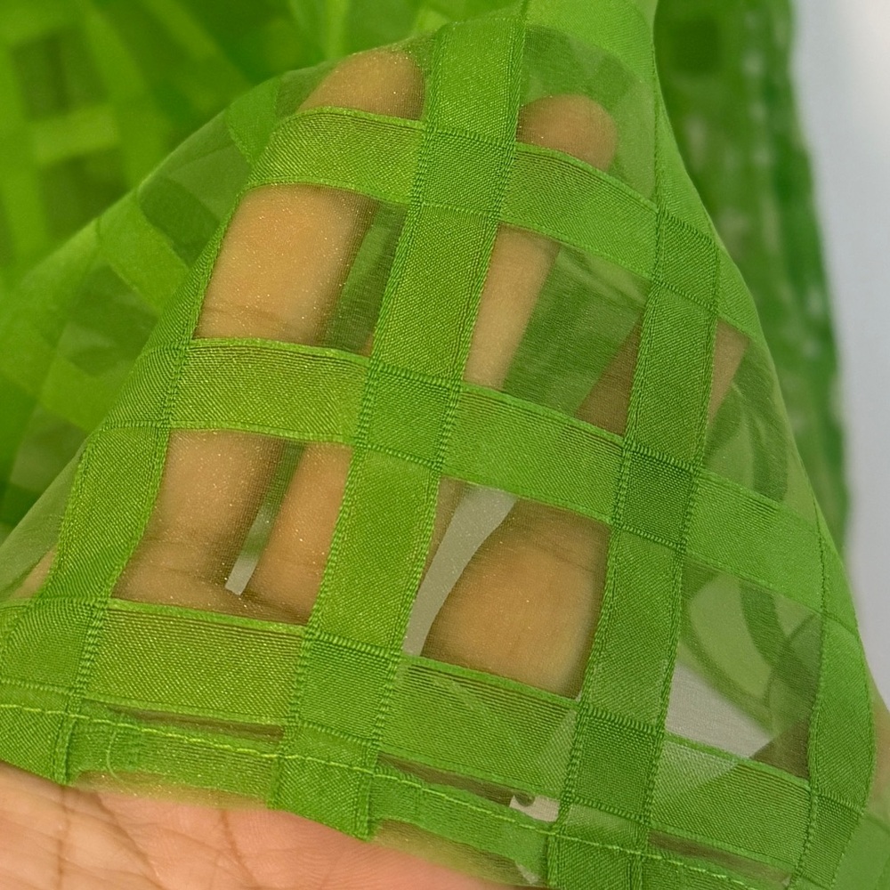 Green Organza Grid Dress Puff Sleeve V-Neck Size M - Picture 2 of 7